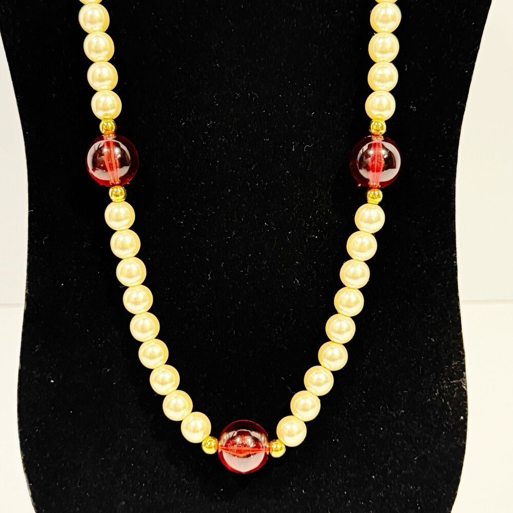 Vintage Faux Pearl Necklace with Large Red Lucite Glass Beads & Gold Accents - Picture 7 of 11